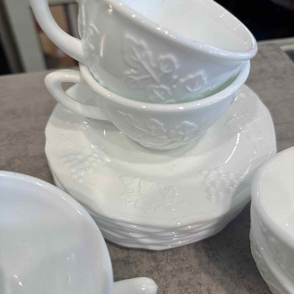 Milk Glass Set of 6 Cups And Saucers/Grape Patter