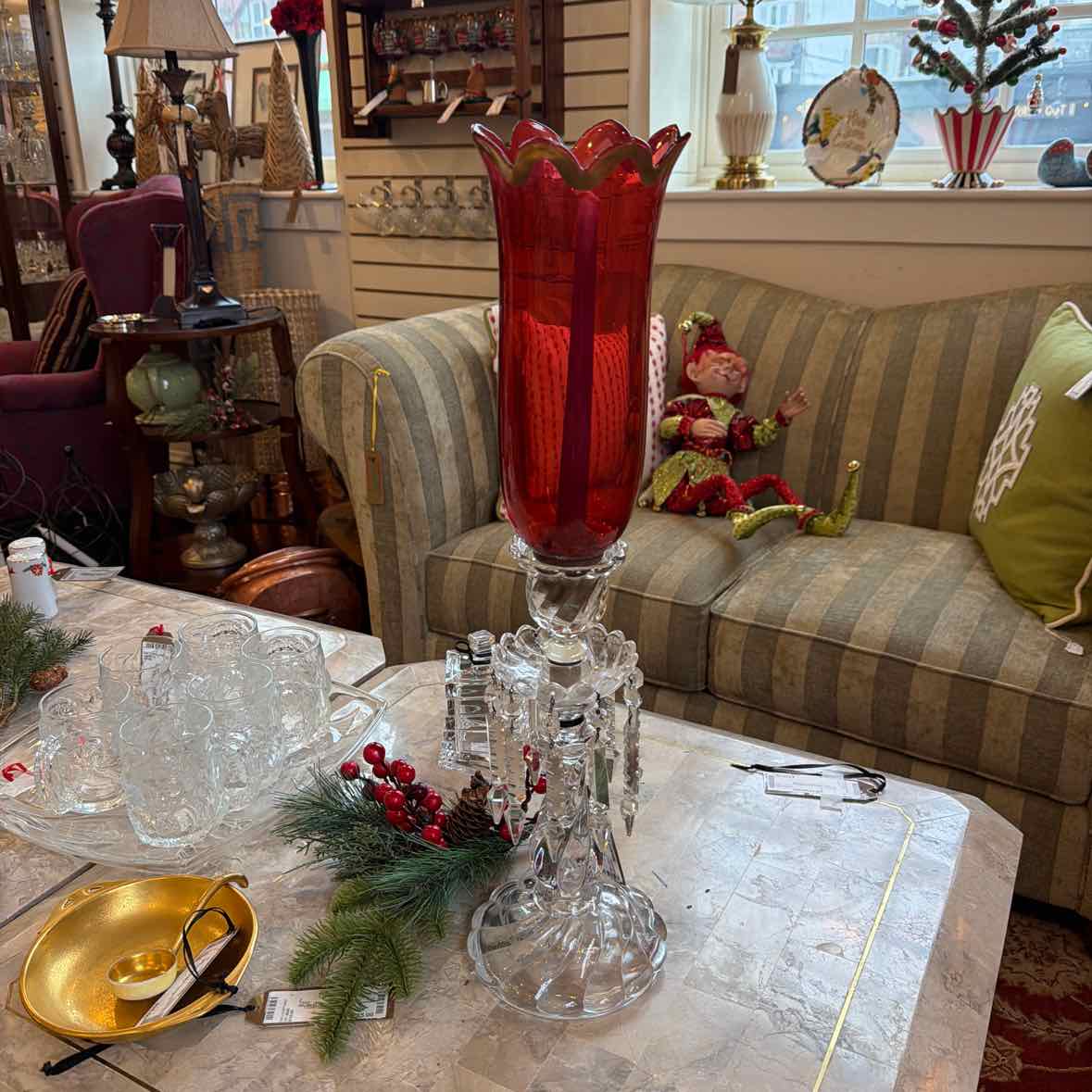 Pr. Glass Candleholders w/Cranberry Hurricanes