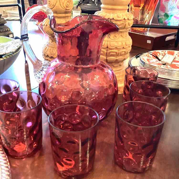 Cranberry Glass Pitcher And Five Glasses