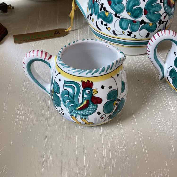 Artistica Orieto Green Rooster Pitcher, Cream & Sugar