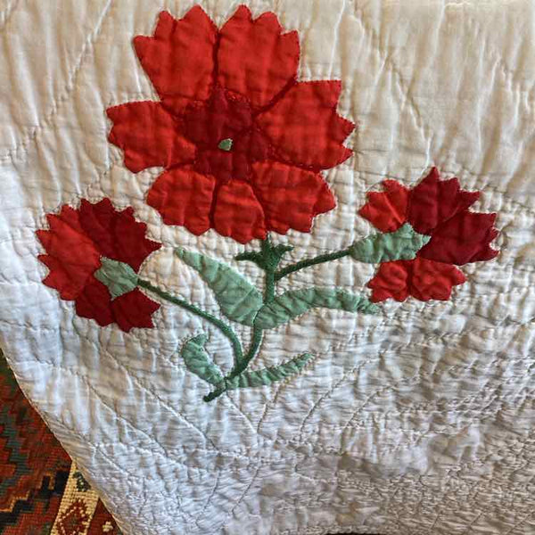 Hand Sewn White Quilt with Red Flowers