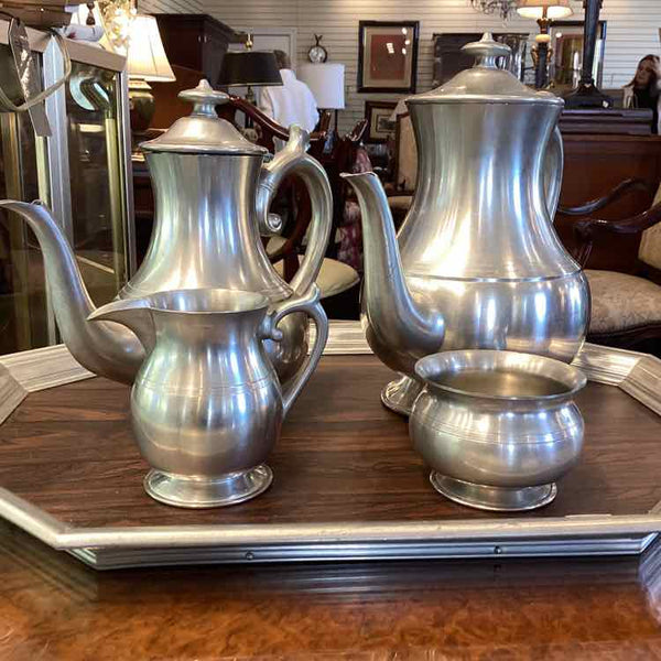 Pewter Coffee Pot, Teapot, Cream/Sugar, Tray (Woodbury Pewterers) (Vintage)