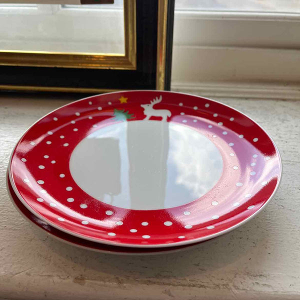 2 Red Rim Holiday Plates