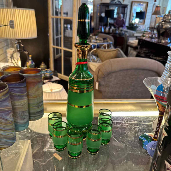 Bohemian Green Glass Decanter with 6 Glasses