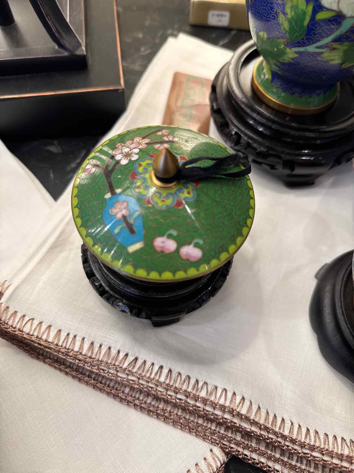 Chinese Cloisonne Green Bowl w/Stand