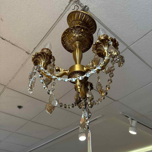 Three Light Gold And Crystal Chandelier