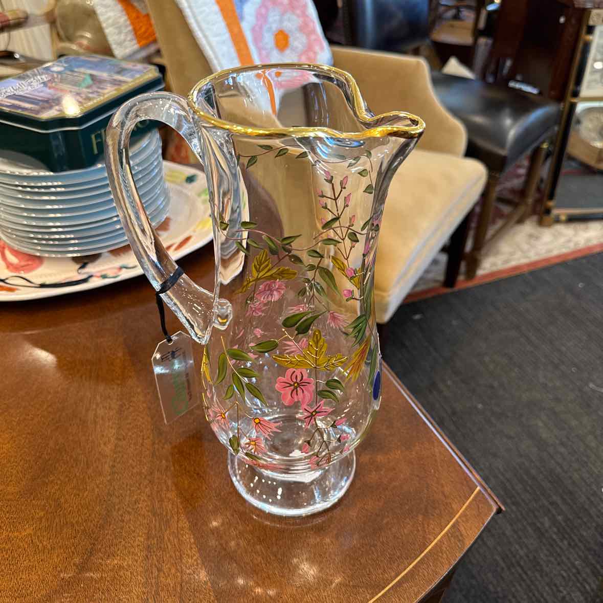 Floral Gold Rimmed Pitcher - Hand Painted