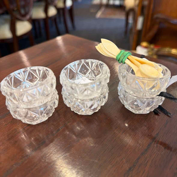6 Glass Salts and Bone Spoons