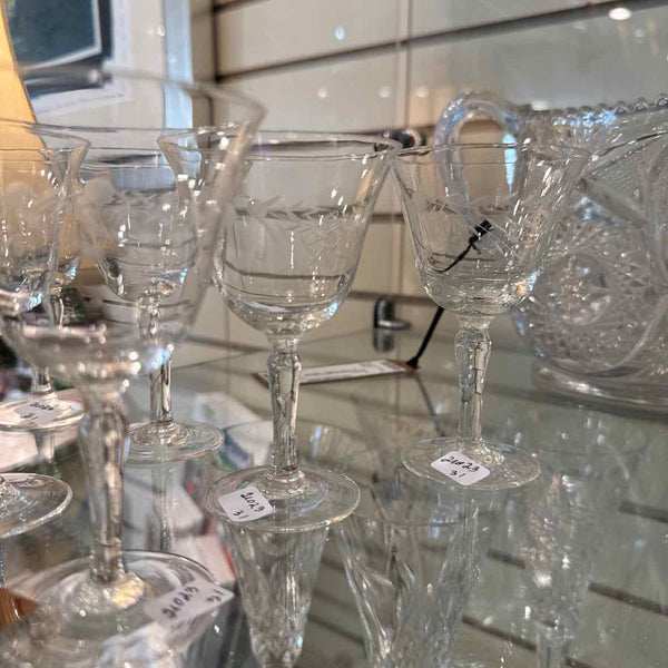 Set of 7 Etched Glass Wine Glasses