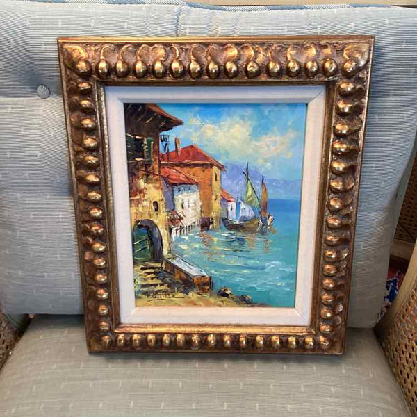 Coastal Scene Oil Painting with Gold Frame