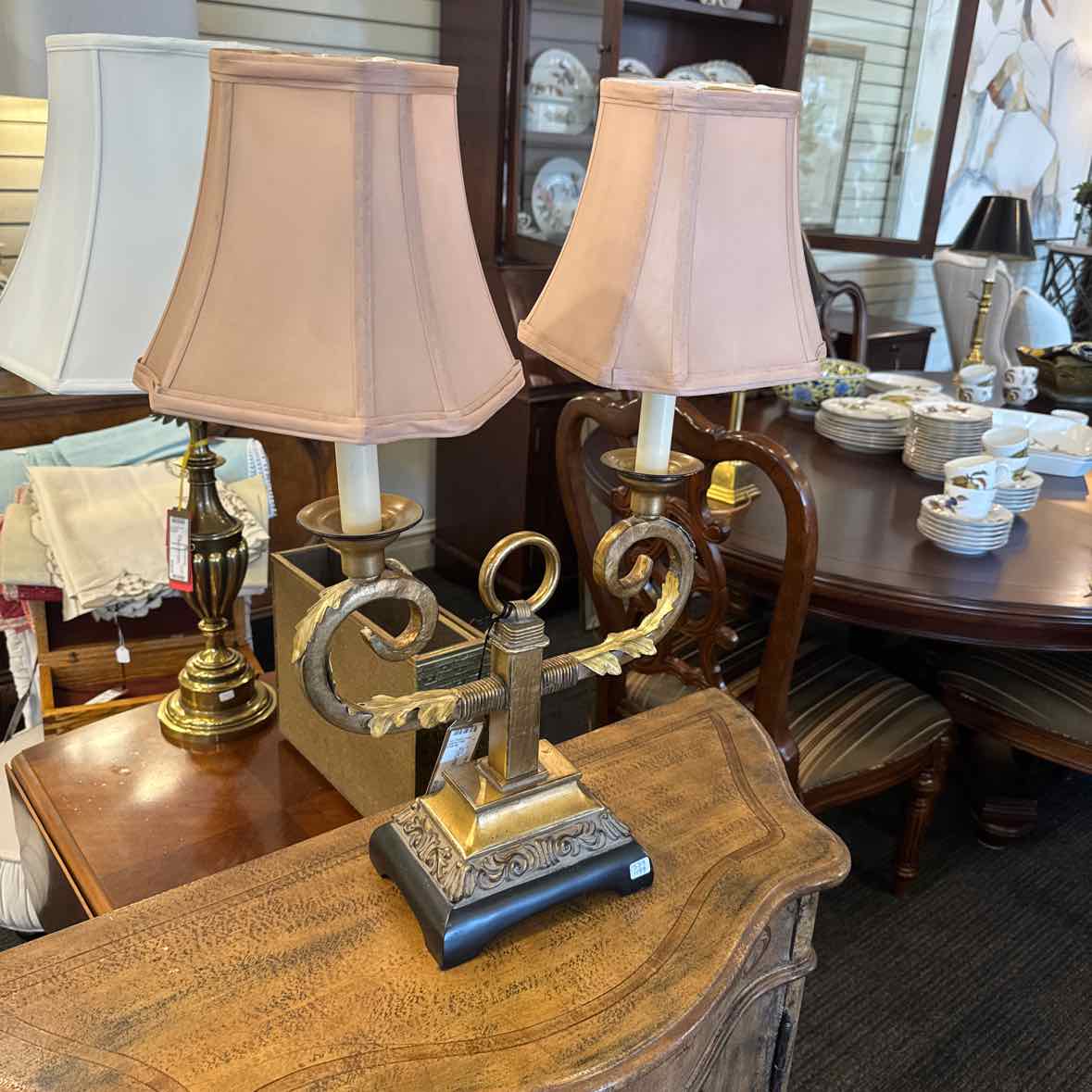 Double Candlestick Lamp with Silk Shade