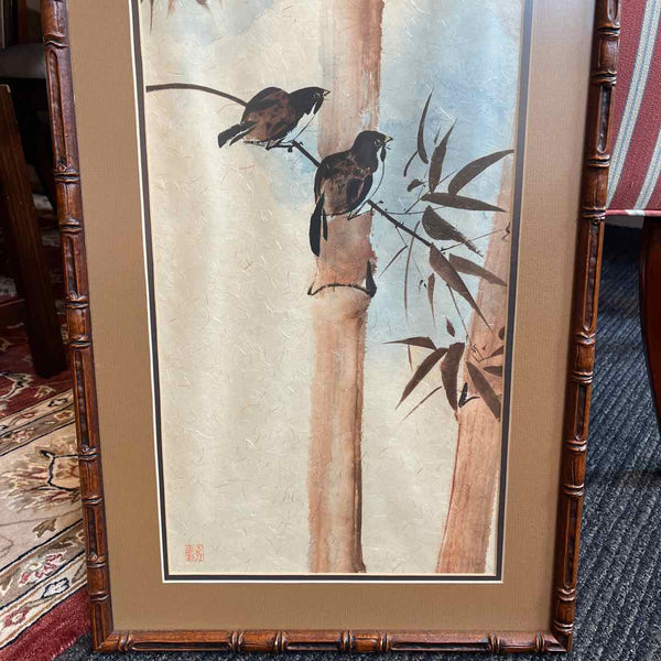 16 x 28" Birds and Bamboo Framed Watercolor