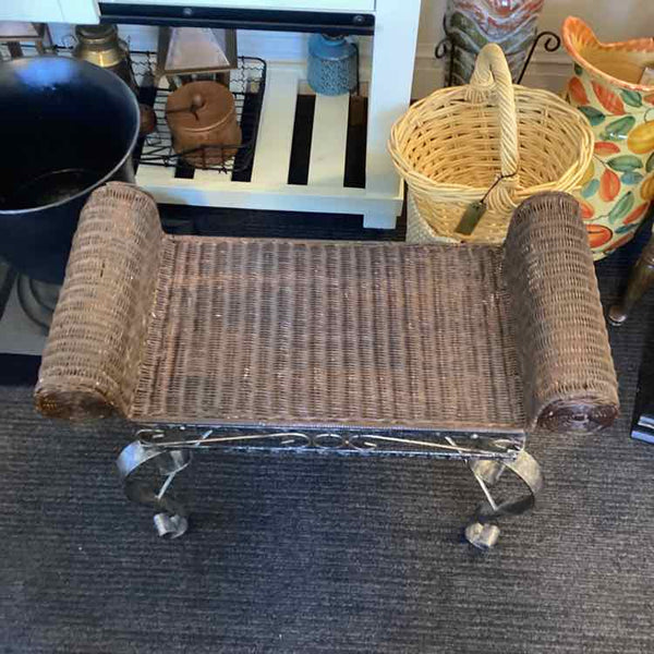 Brown Wicker & Wrought Iron Bench