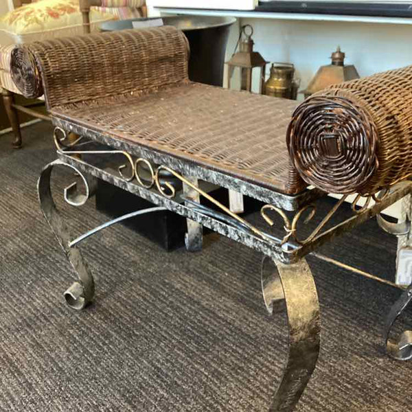 Brown Wicker & Wrought Iron Bench