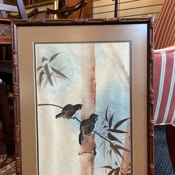 16 x 28" Birds and Bamboo Framed Watercolor