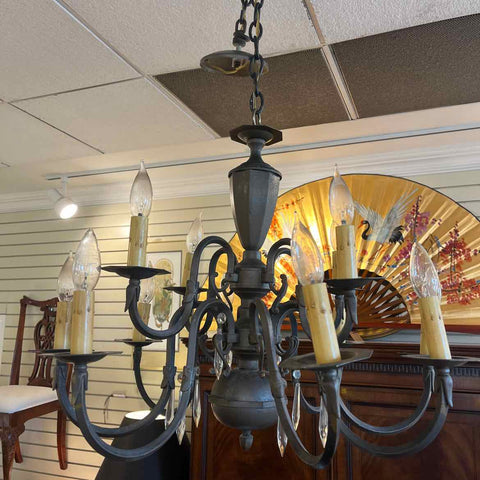 Dark Grey Metal Chandelier 12 Candles & Prisms