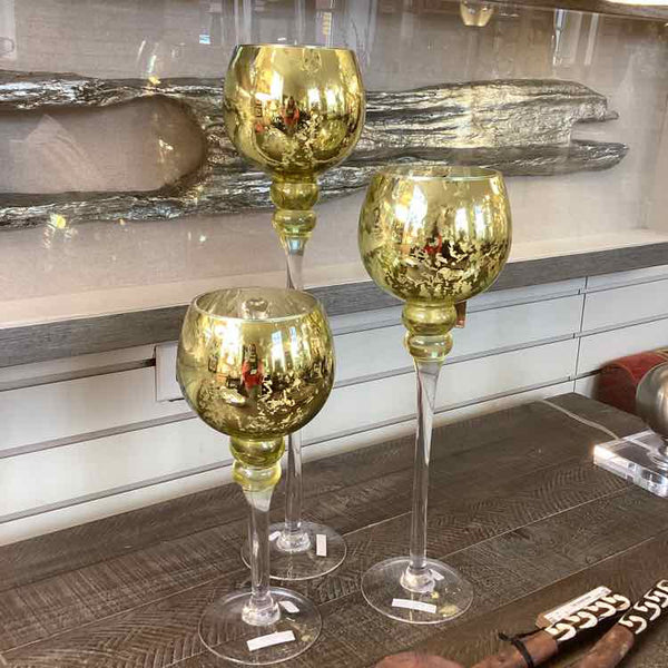 Set of 3 Gold/Green Mercury Crackle Glass Candle Holders