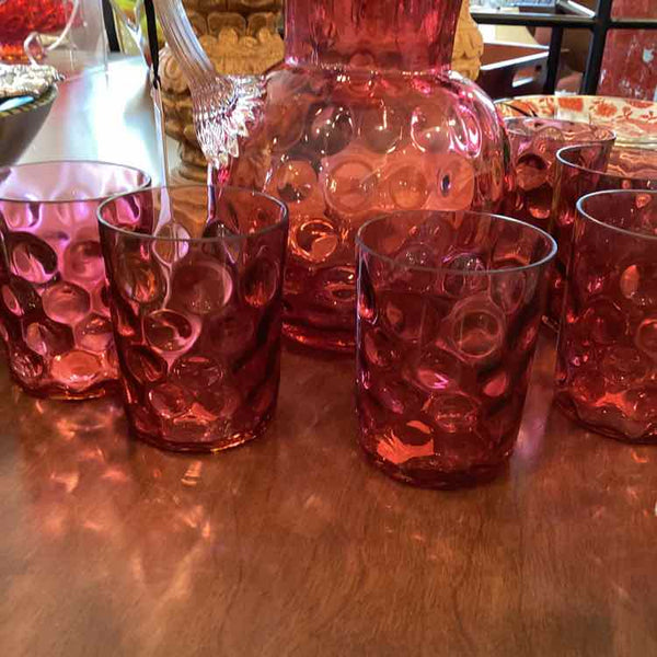 Cranberry Glass Pitcher And Six Glasses