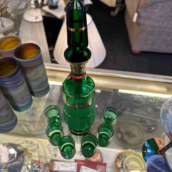 Bohemian Green Glass Decanter with 6 Glasses