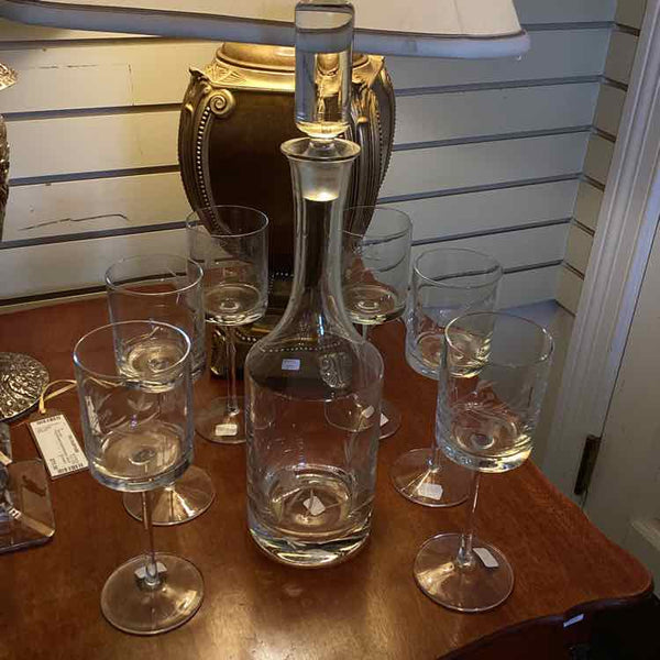 Vintage Floral Etched Crystal Decanter with 6 cocktail glasses