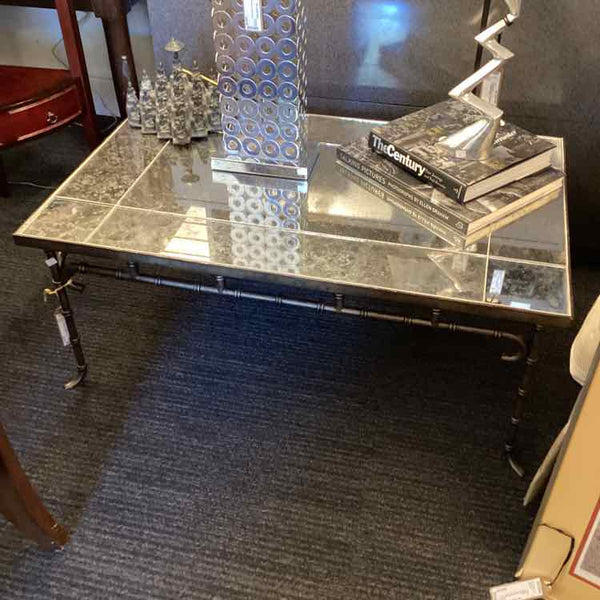 Brass And Mirrored Glass Coffee Table With Bamboo Legs