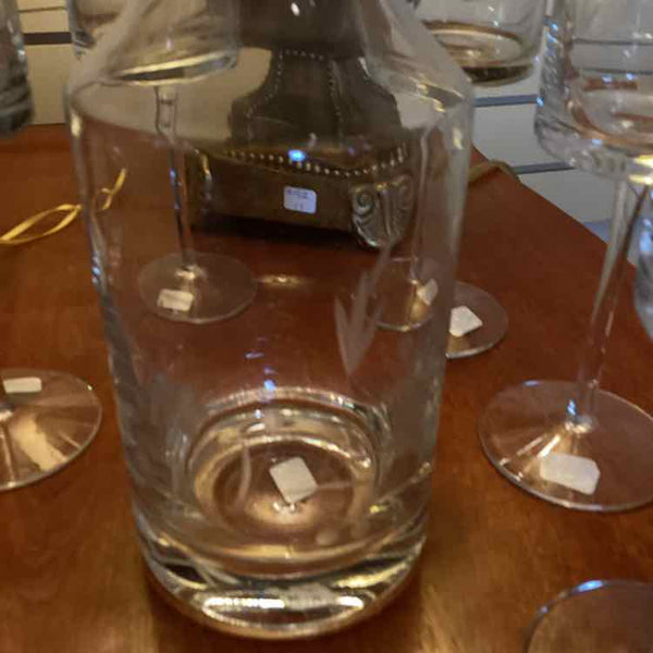 Vintage Floral Etched Crystal Decanter with 6 cocktail glasses