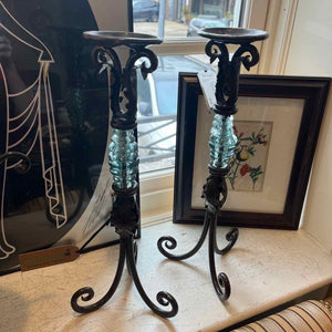 Pair Of Metal And Glass Candleholders