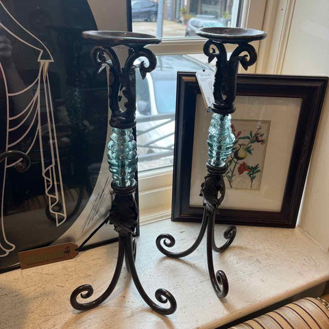 Pair Of Metal And Glass Candleholders