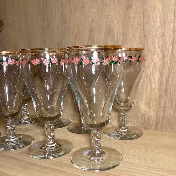 8 Vintage Twisted Rose Flute Goblets