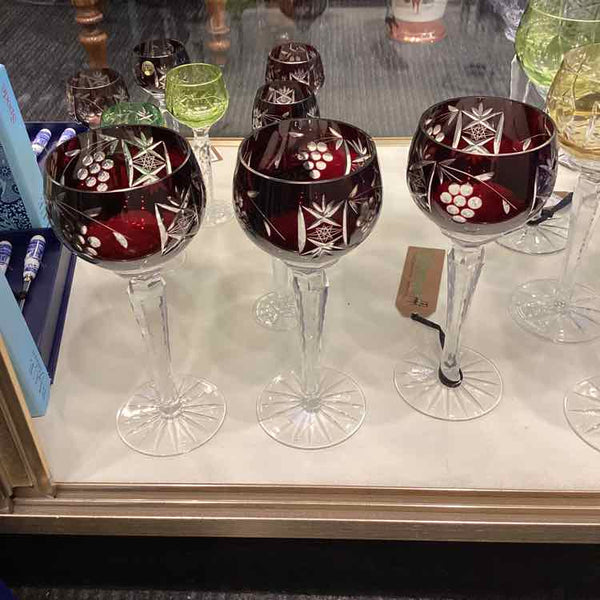 Three Dark Ruby Cut Crystal Glasses