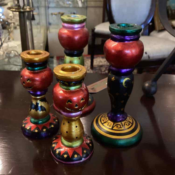 Four Halloween Wooden Painted Candleholders