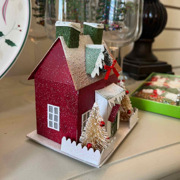 Lighted Putz House w/White Trees
