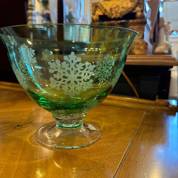 Green Glass Pedestal Bowl w/ Snowflakes