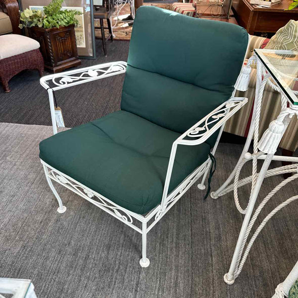 Vintage White Iron Chair w/ Green Cushion