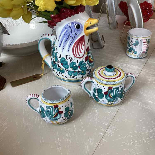 Artistica Orieto Green Rooster Pitcher, Cream & Sugar