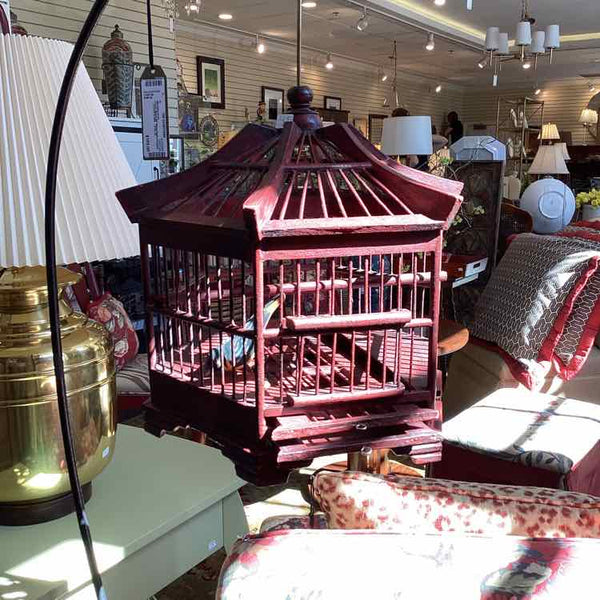 Wood Asian Pagoda Birdcage w/Metal Hook Stand