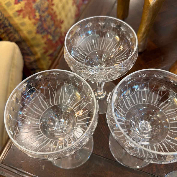 6 Etched Crystal Champagne Glasses