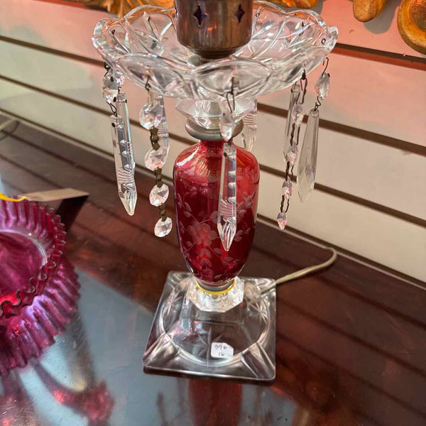 Pair Of Etched Cranberry Glass Hurricane Lamps