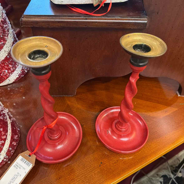 Pr. Red Twisted Candlesticks - Wood
