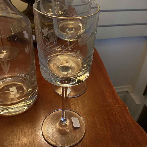Vintage Floral Etched Crystal Decanter with 6 cocktail glasses