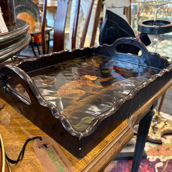 Black Lacquer Monkey And Parrot Tray