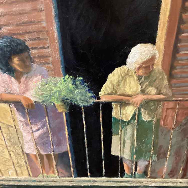 Framed Oil Painting of Two Women on Balcony