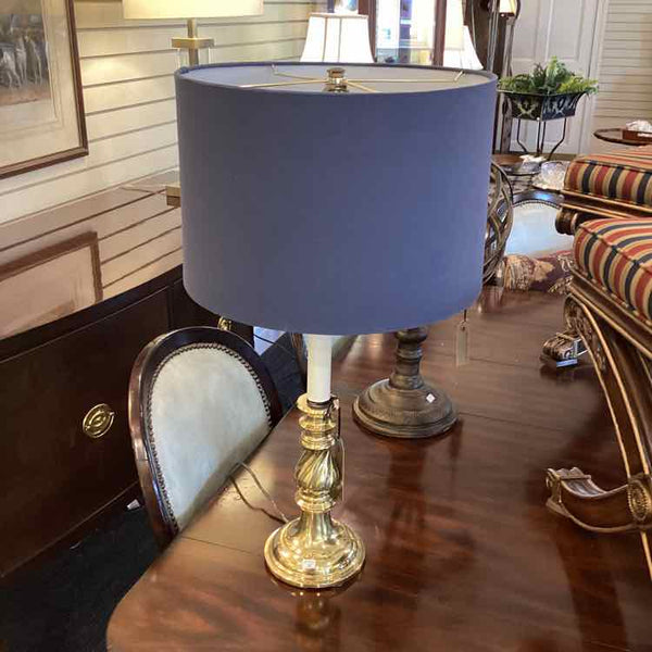 Brass Candlestick Lamp with Navy Shade