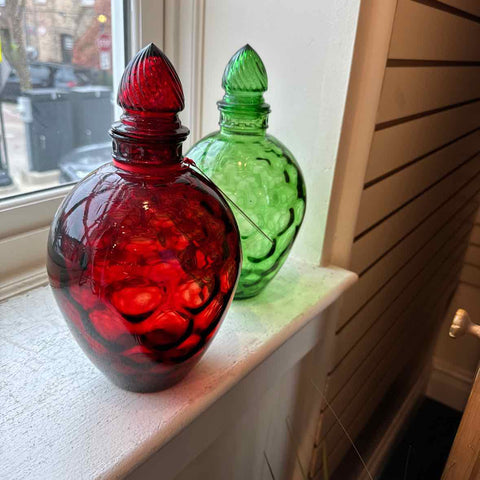 Pair of Green & Red Bubble Honeycomb Decanters