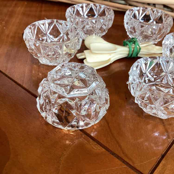 6 Glass Salts and Bone Spoons