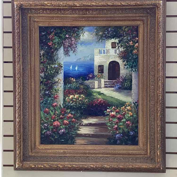 Floral Garden Oil Painting in Ornate Frame