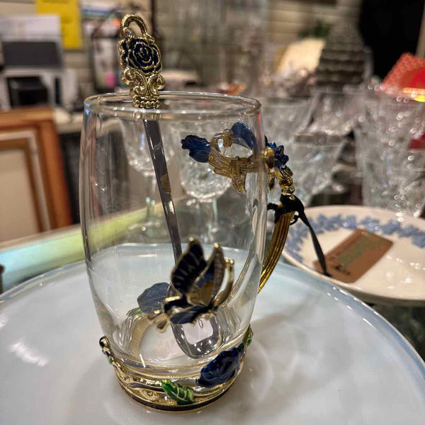 Glass and Enamel Tea Cup w/Spoon