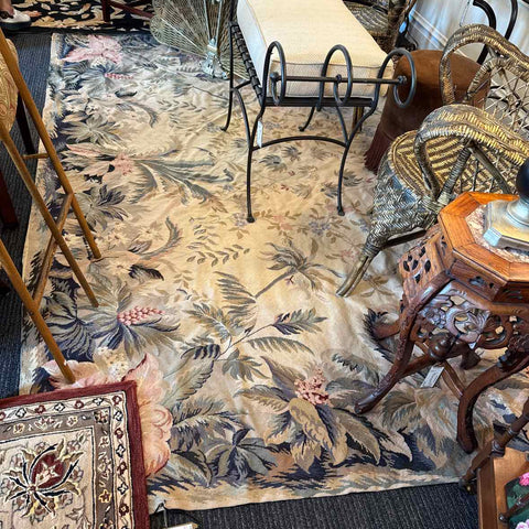 Needlepoint Green/Peach Floral Rug "AS IS"