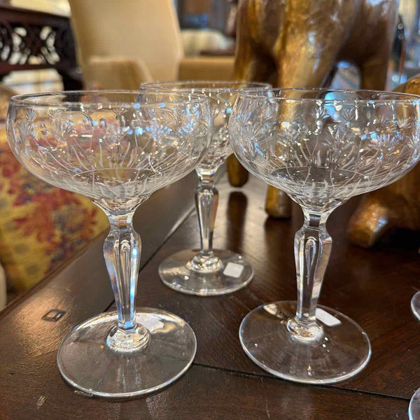 6 Etched Crystal Champagne Glasses