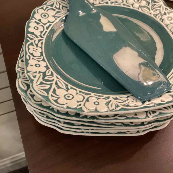 Teal Cameoware Platter, Six Plates, Knife